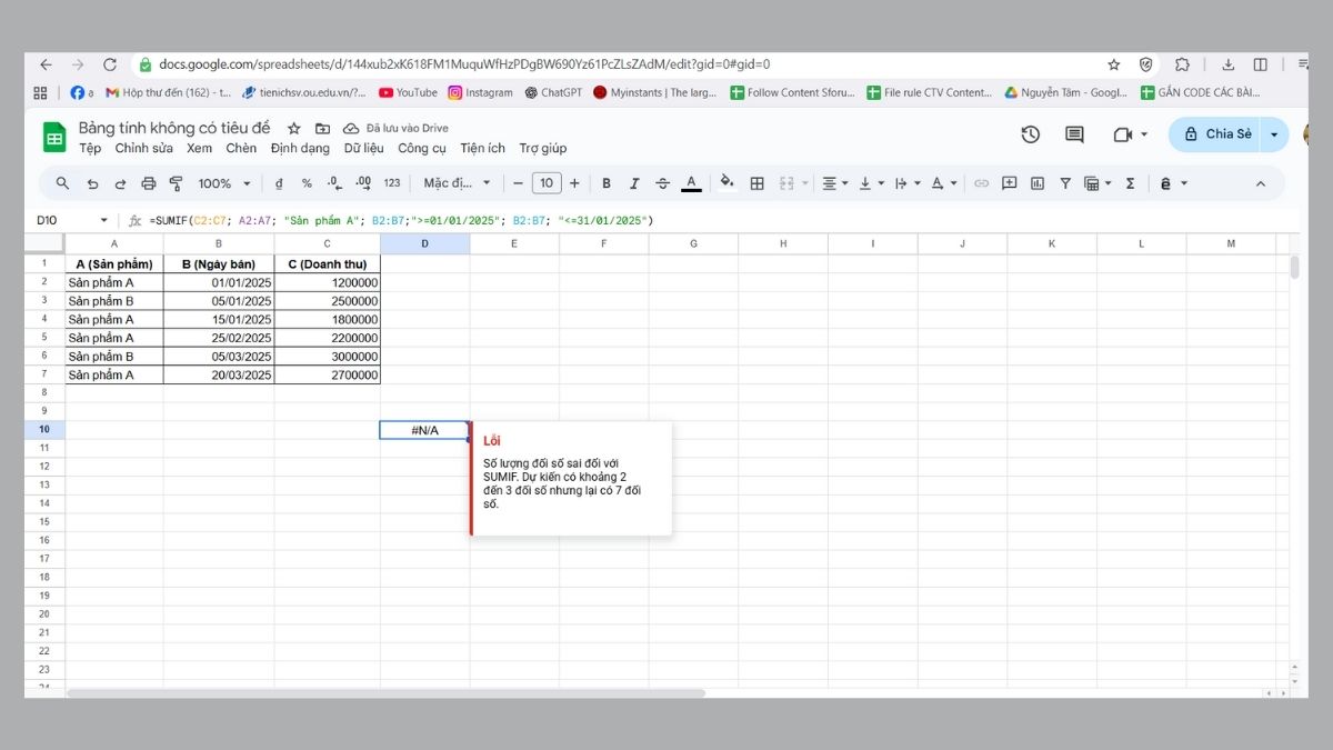 Lỗi thường gặp khi sử dụng hàm SUMIFS trong Google Sheet