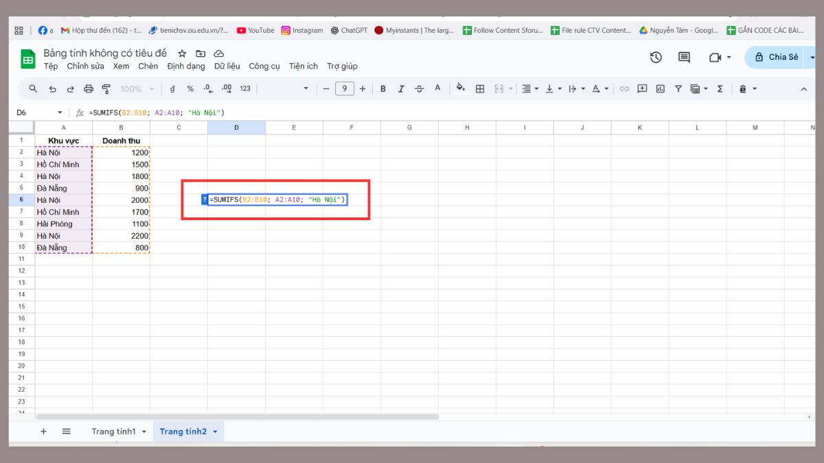 Cú pháp hàm SUMIFS trong Google Sheet