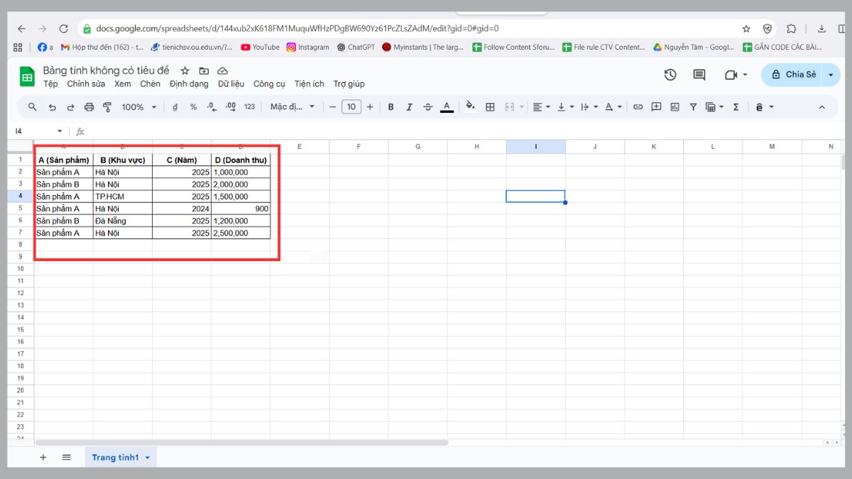 hàm SUMIFS trong Google Sheet tính tổng có điều kiện bước 1