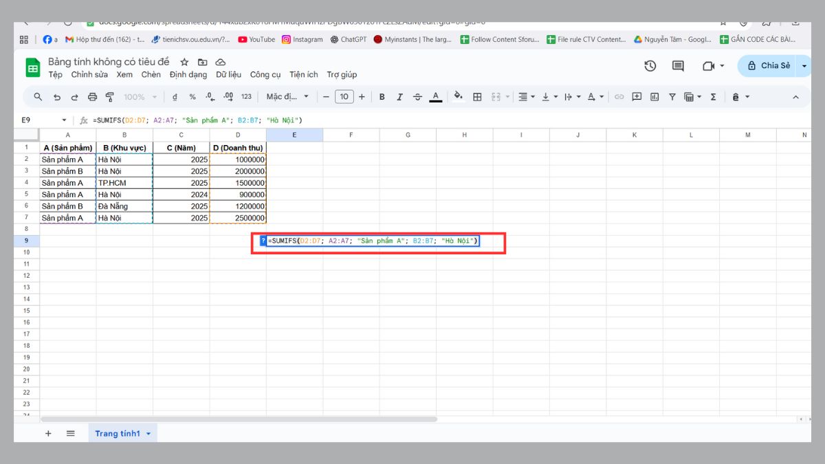 hàm sumifs trong google sheet 2 điều kiện bước 2