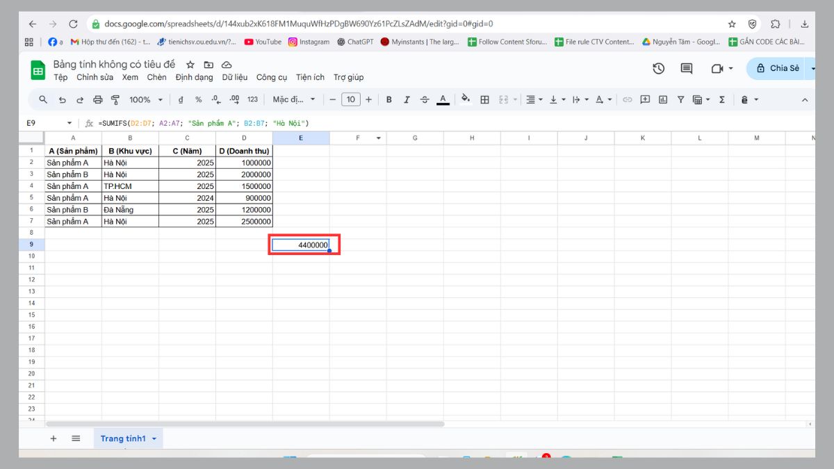 hàm sumifs trong google sheet 2 điều kiện bước 3