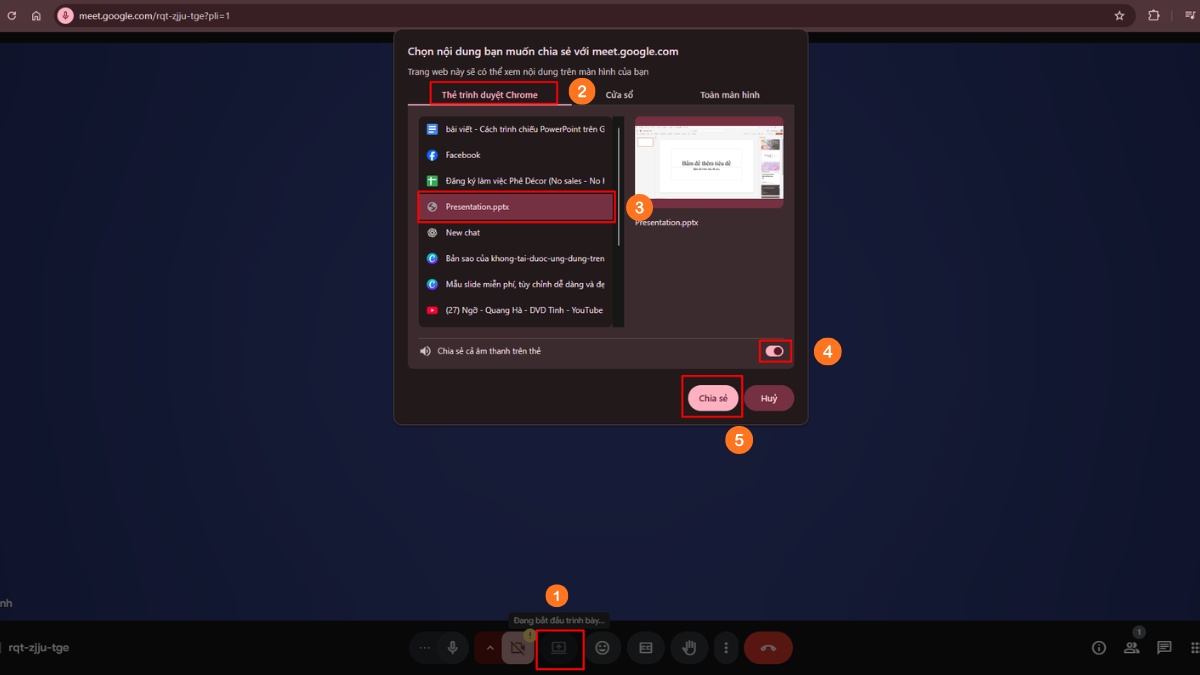 Chia sẻ tab trình duyệt PowerPoint Online trên Google Meet
