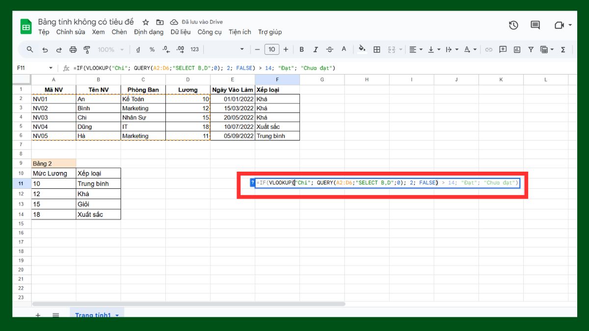 Cách dùng hàm VLOOKUP Google Sheet với hàm if bước 2