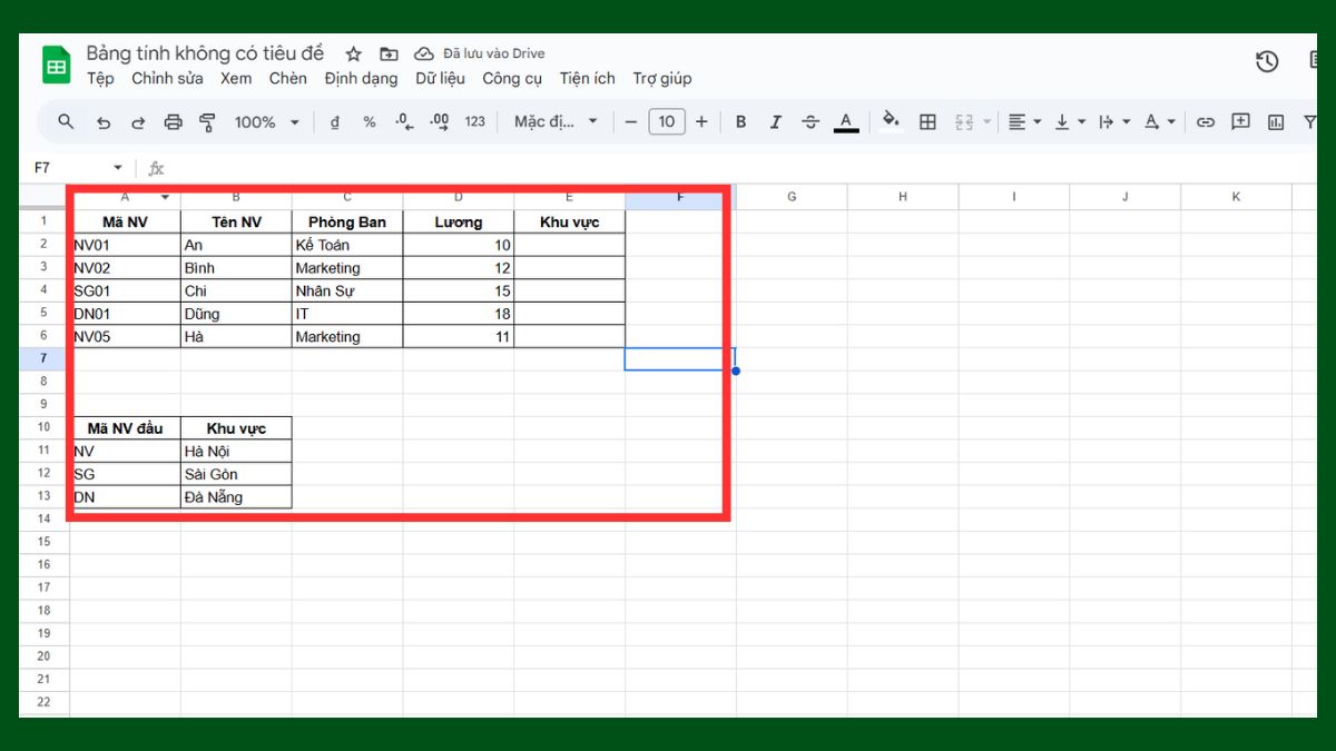 Cách dùng hàm VLOOKUP Google Sheet với hàm left bước 1