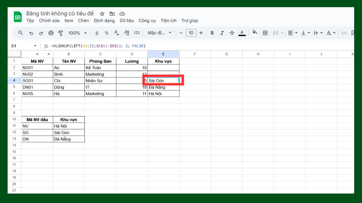 Cách dùng hàm VLOOKUP Google Sheet với hàm left bước 3