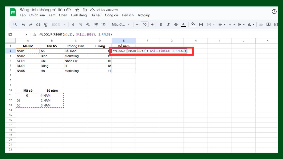 Cách dùng hàm VLOOKUP Google Sheet với hàm right bước 2