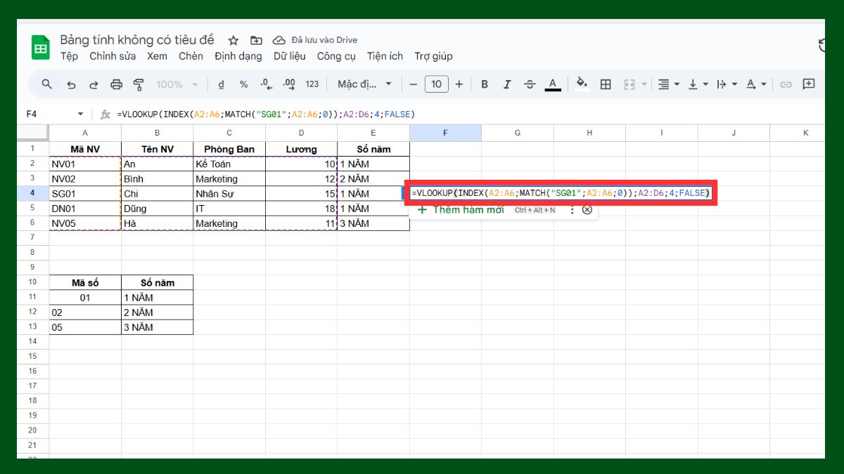Cách dùng hàm VLOOKUP Google Sheet với hàm INDEX và hàm MATCH bước 2