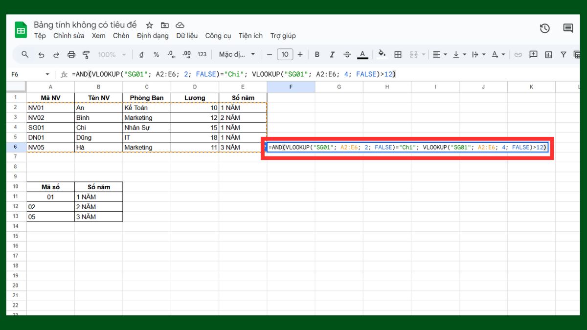 Cách dùng hàm VLOOKUP Google Sheet với hàm and bước 2