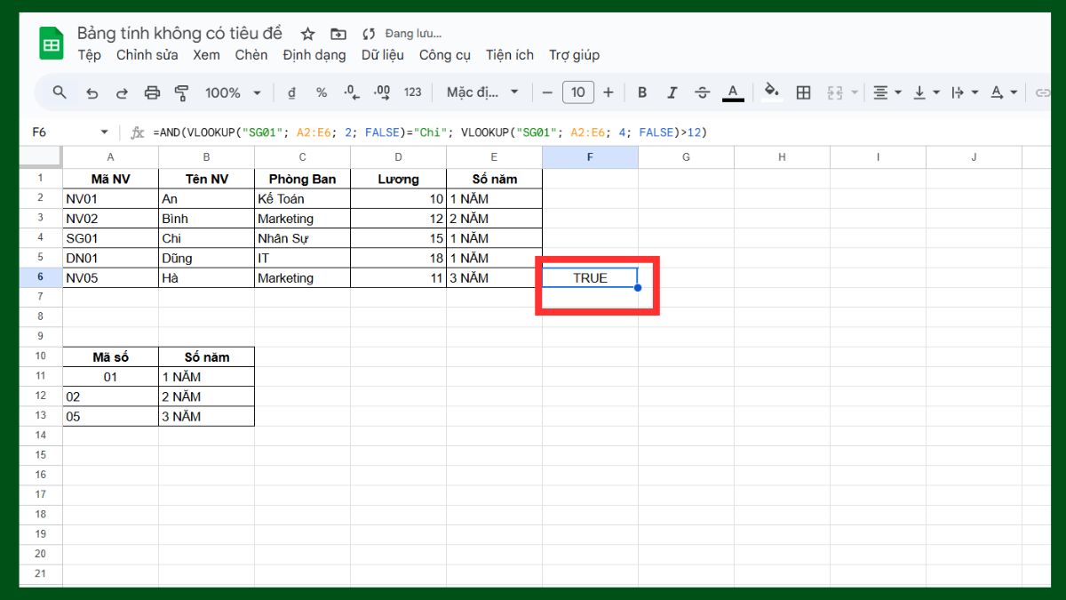 Cách dùng hàm VLOOKUP Google Sheet với hàm and bước 3