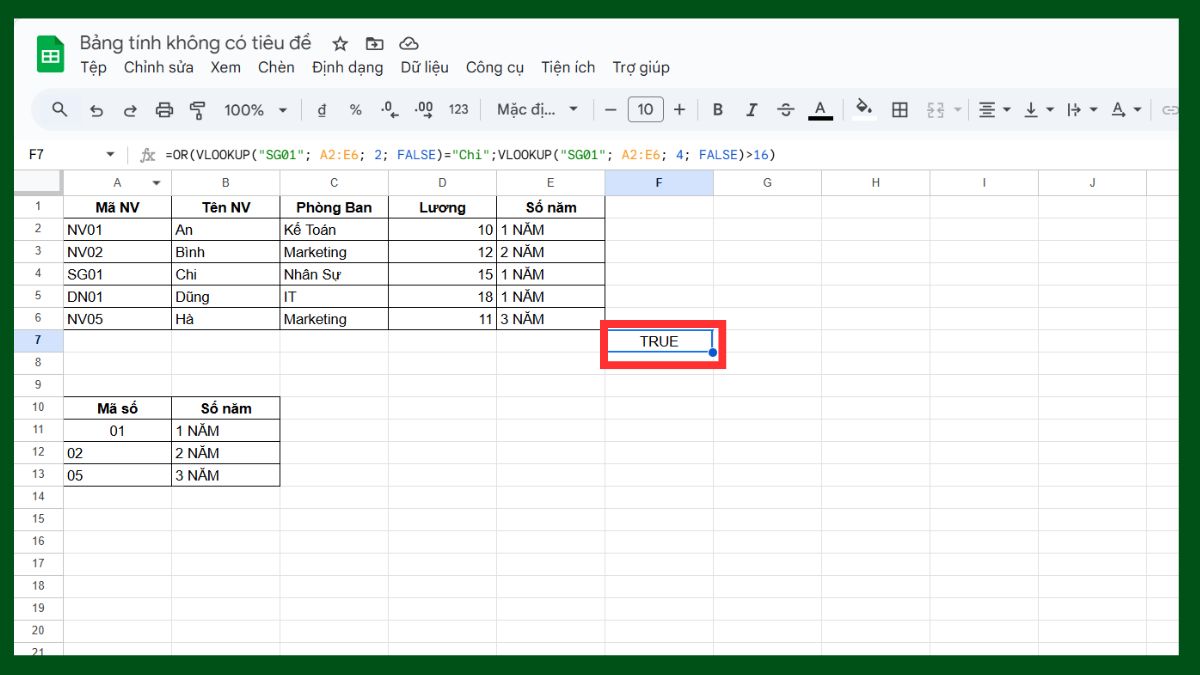 Cách dùng hàm VLOOKUP Google Sheet với hàm or bước 3
