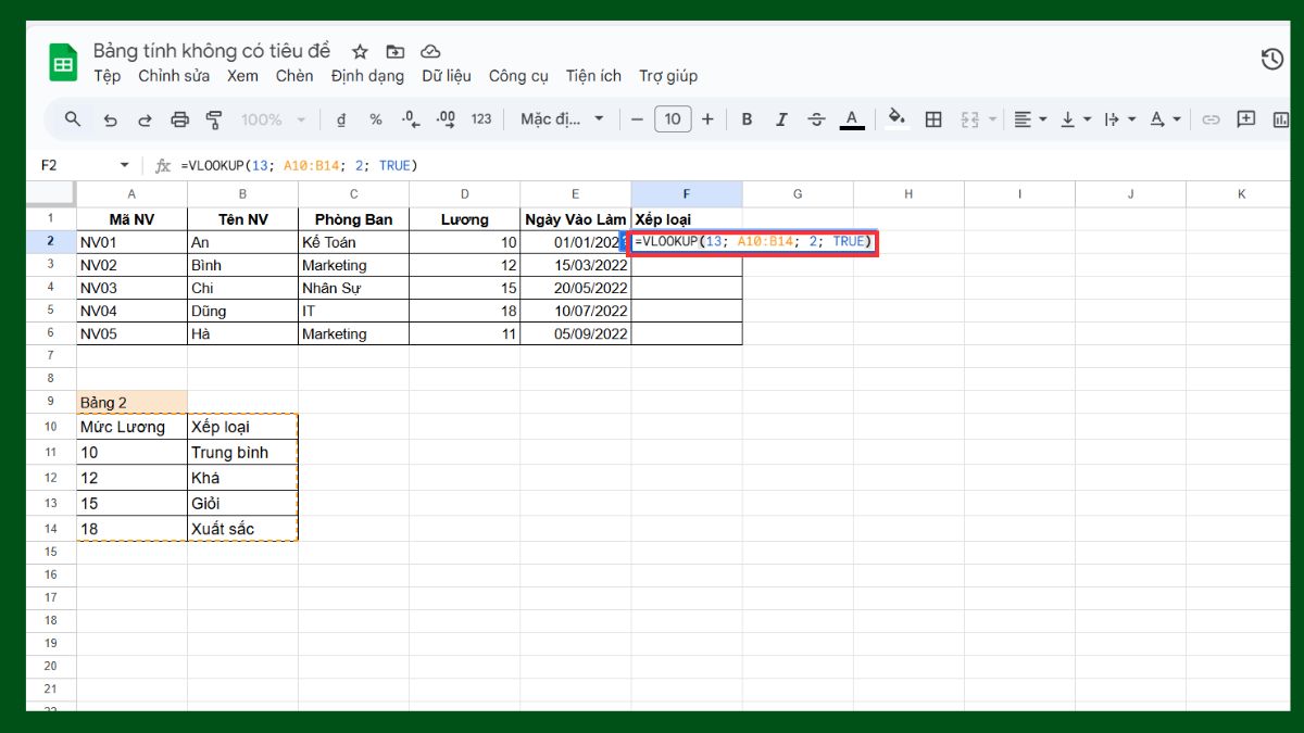 Cách dùng hàm VLOOKUP Google Sheet để tìm kiếm tương đối bước 2