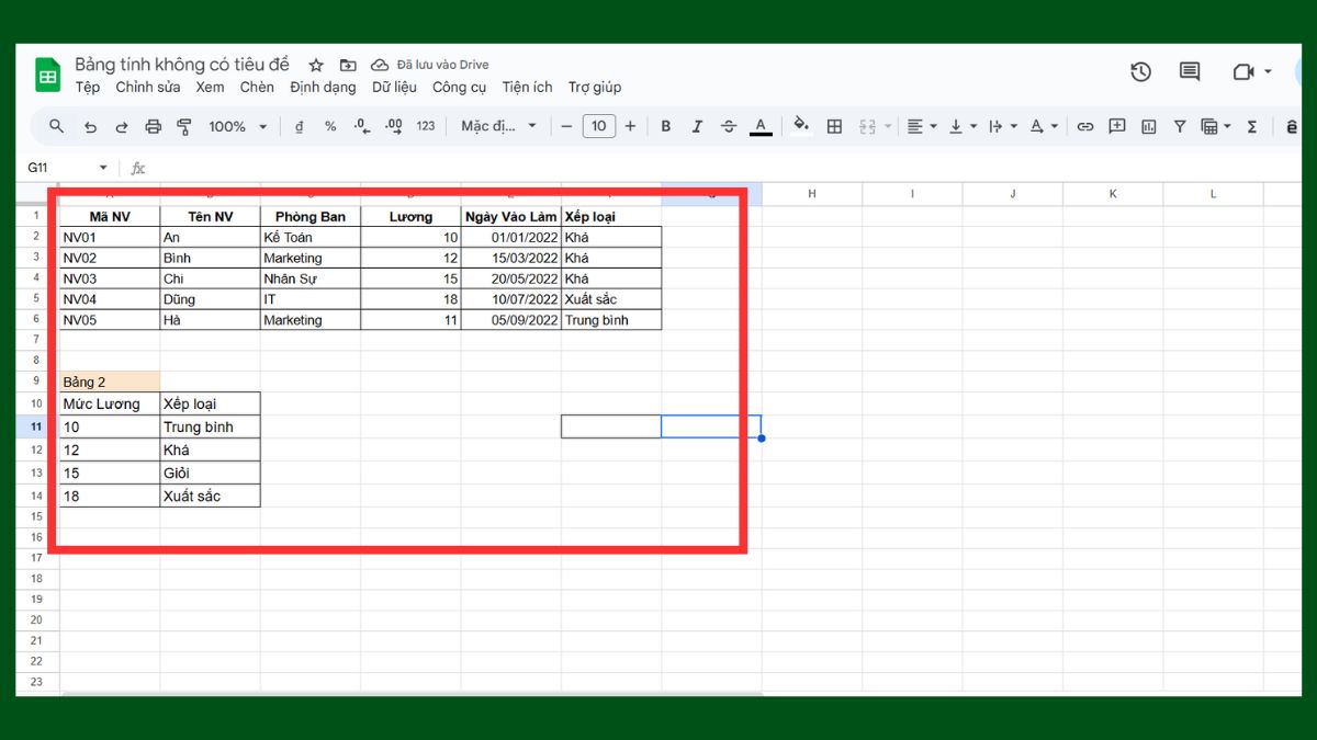 Cách dùng hàm VLOOKUP Google Sheet với hàm query bước 1