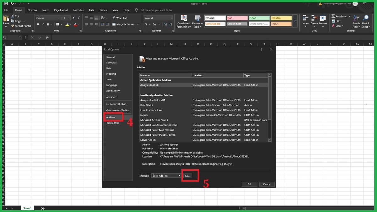 khắc phục hàm VND trong Excel bị lỗi #NAME? bằng cài đặt add in bước 2 tiếp theo