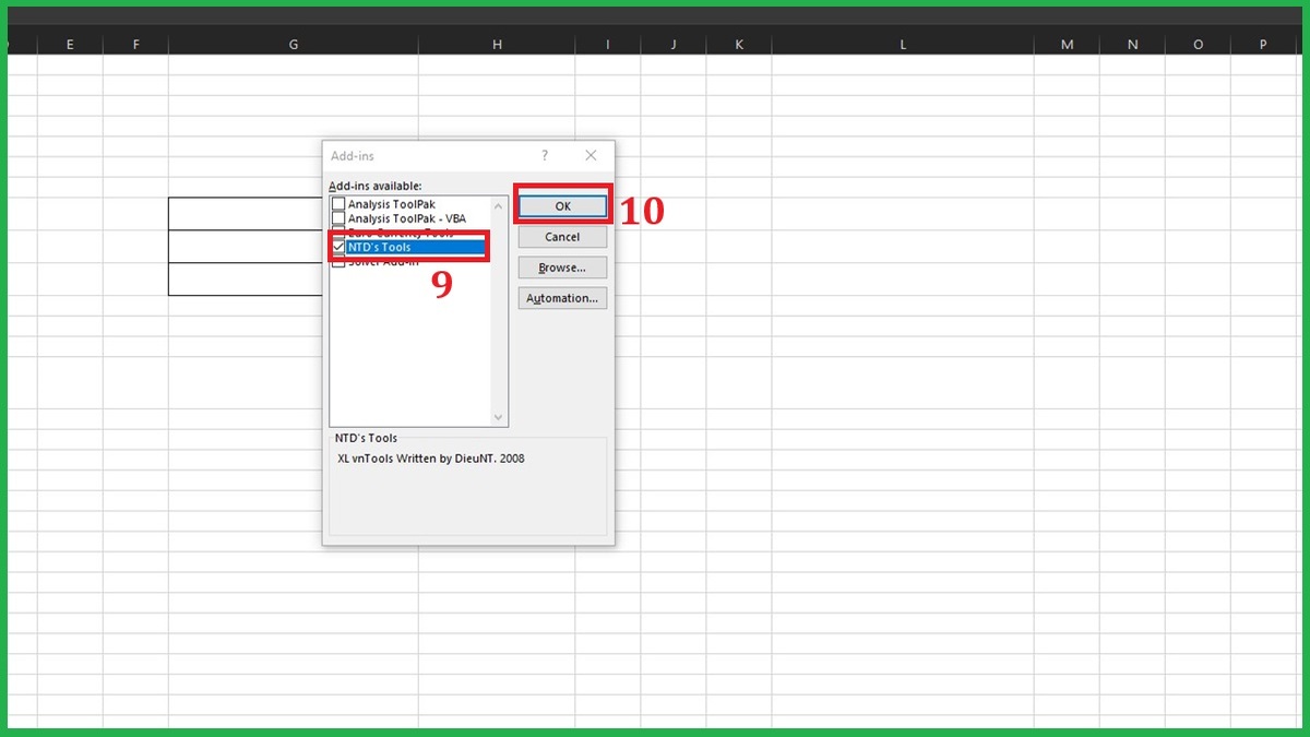 khắc phục hàm VND trong Excel bị lỗi #NAME? bằng cài đặt add in bước 2 còn lại