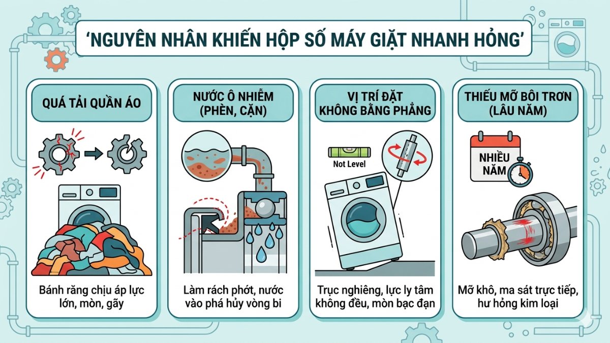 Nguyên nhân khiến hộp số máy giặt nhanh hỏng