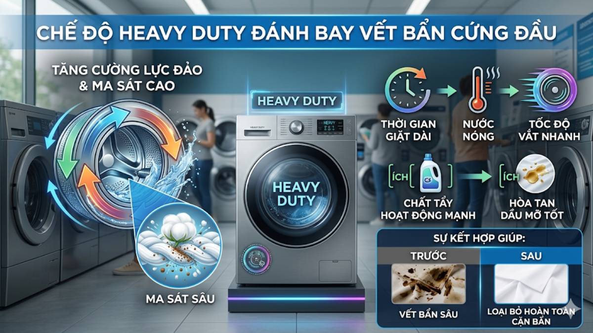 Cơ chế hoạt động của chế độ Heavy Duty trong máy giặt là gì
