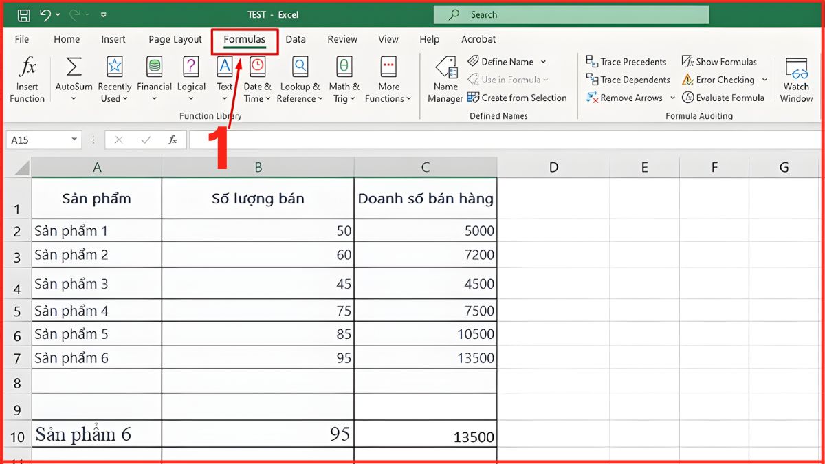 cách hiện tất cả các công thức trong Excel bằng lệnh show formulas bước 1