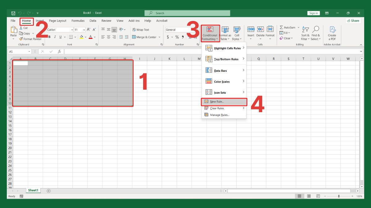 cách highlight hàng khi di chuyển trong Excel bằng conditional formatting bước 1