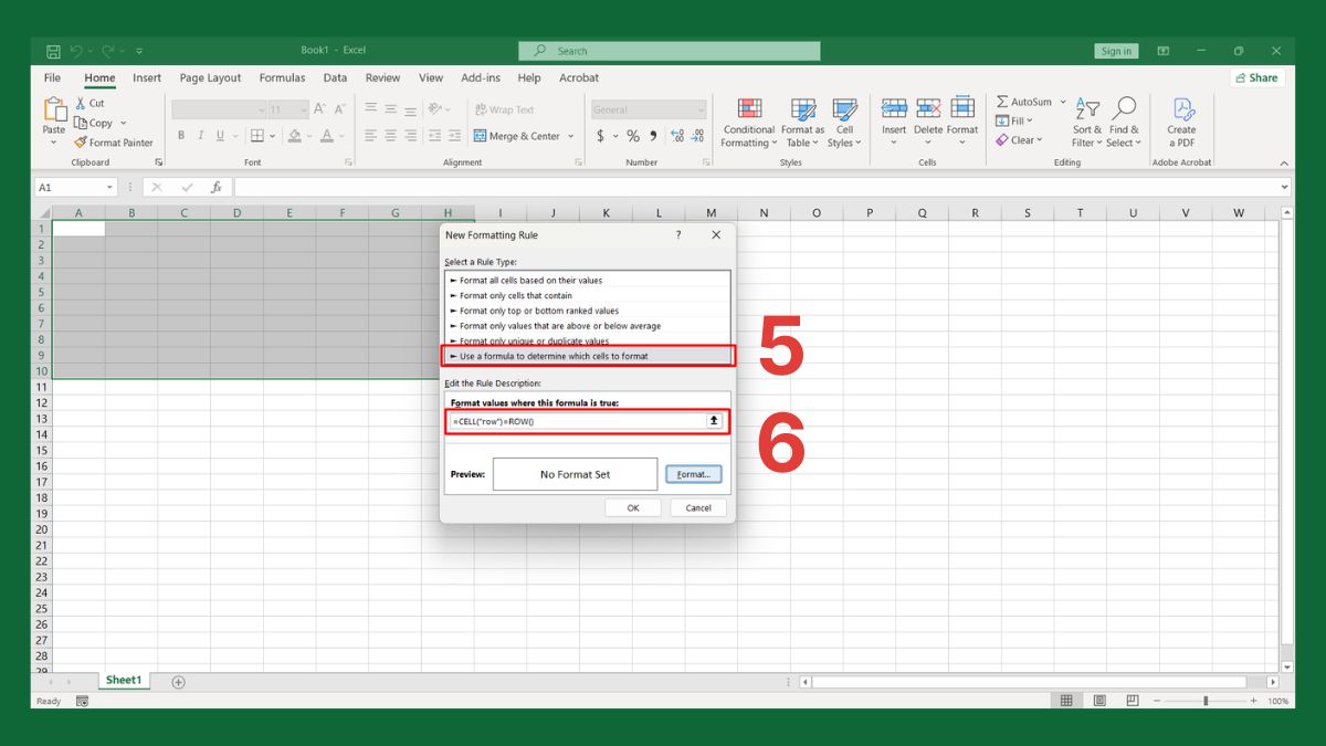 cách highlight hàng khi di chuyển trong Excel bằng conditional formatting bước 2
