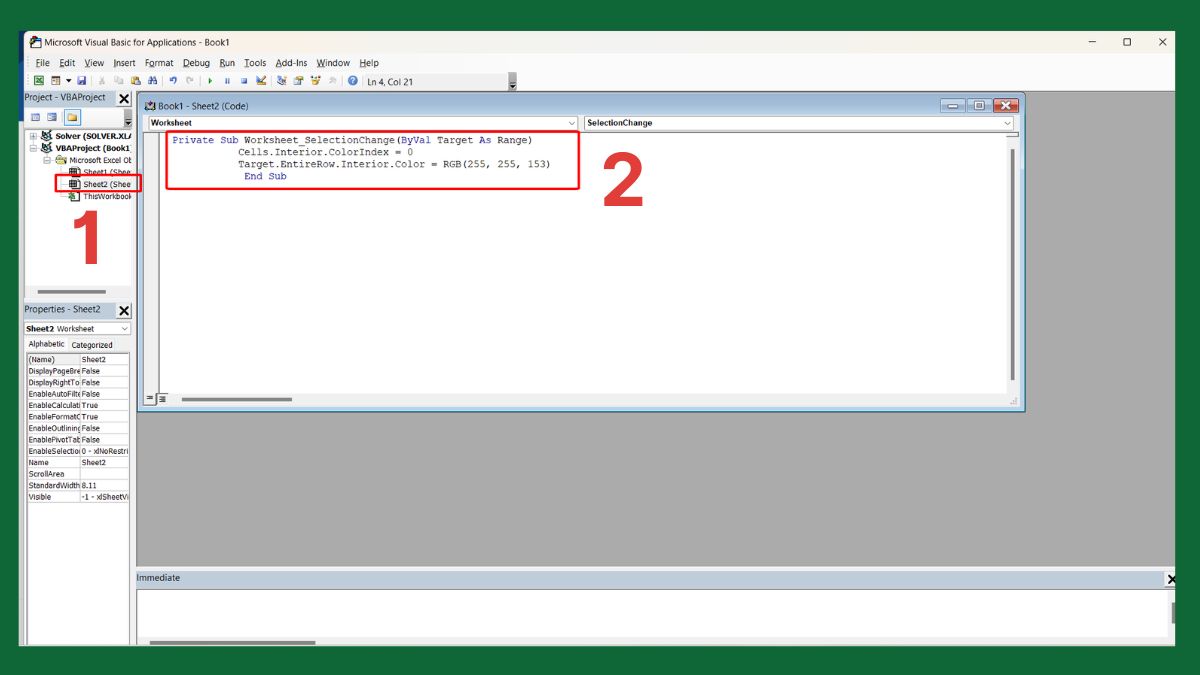 cách highlight hàng khi di chuyển trong Excel bằng VBA bước 2