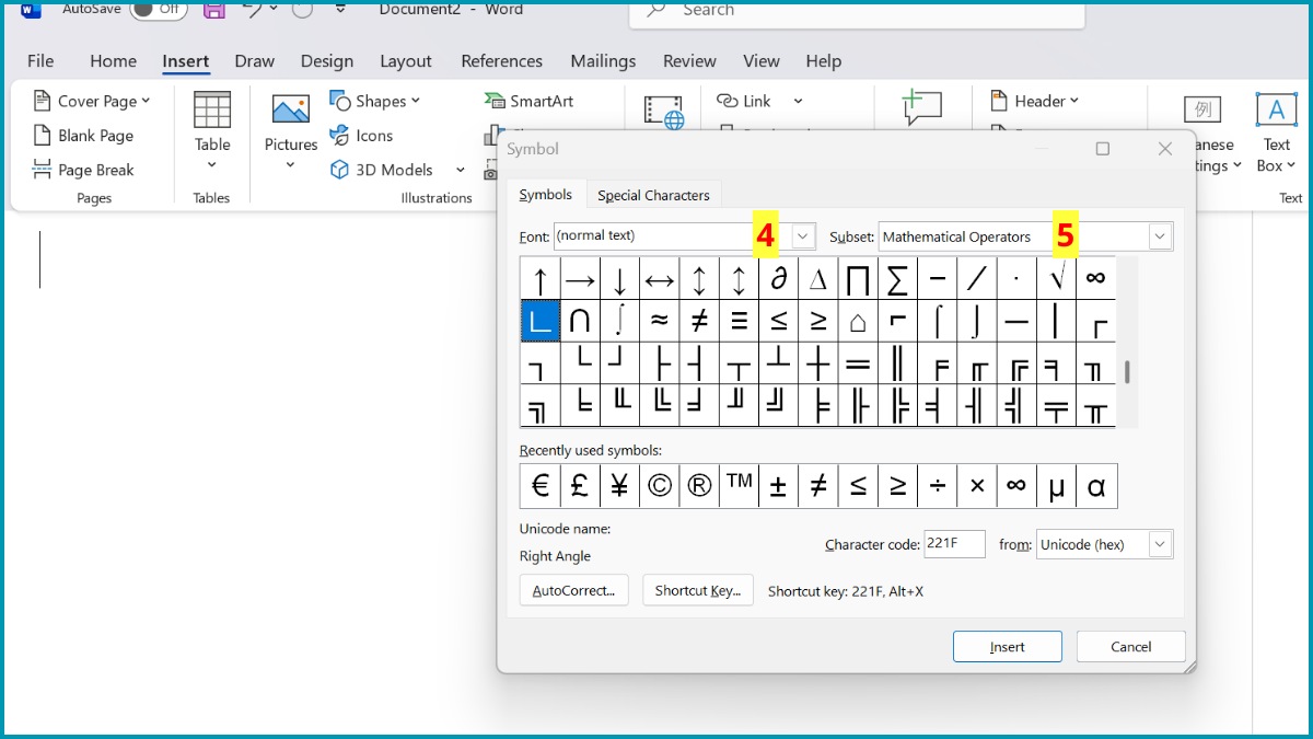 cách chèn ký hiệu góc trong Word bằng bảng mã ký tự bước 2