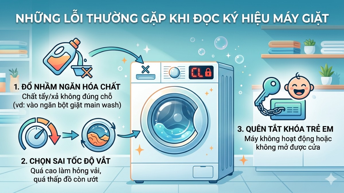 Những lỗi thường gặp khi đọc ký hiệu máy giặt