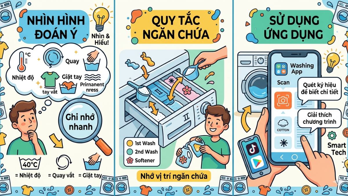 Mẹo ghi nhớ nhanh các ký hiệu máy giặt