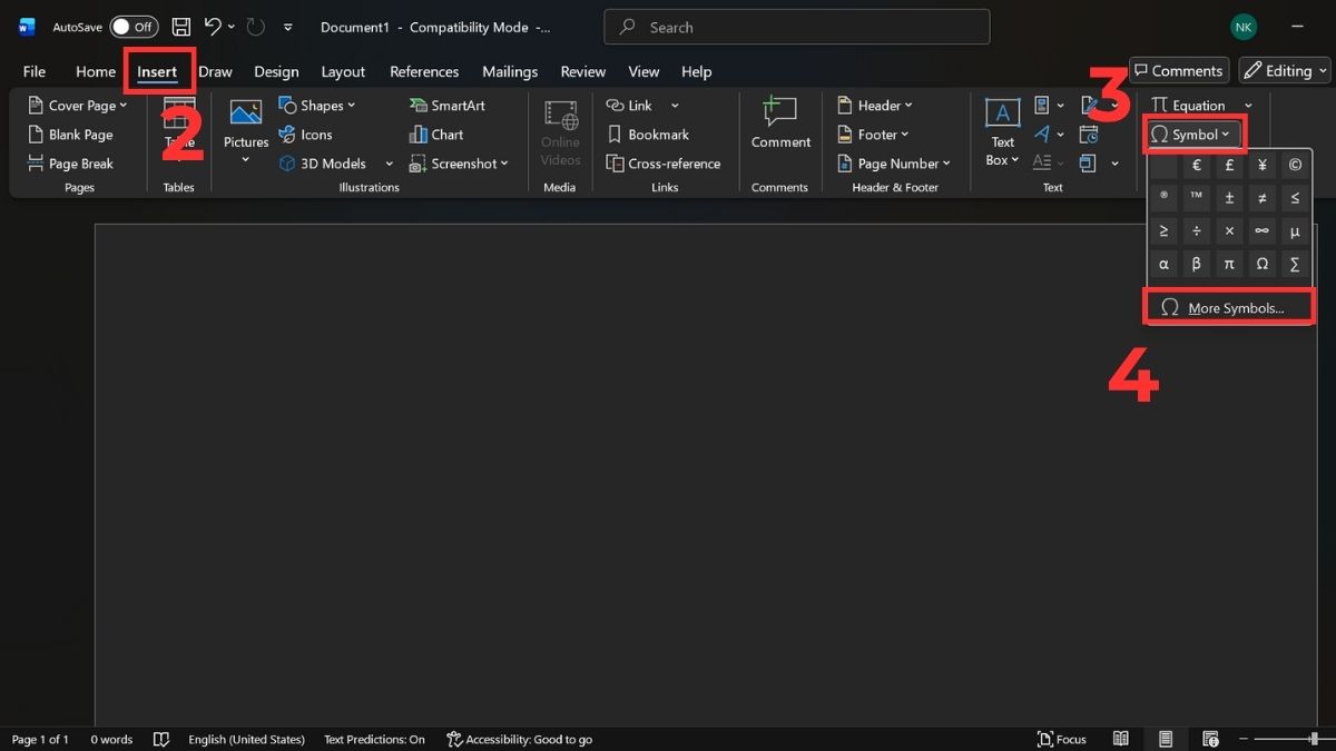 Cách chèn ký tự đặc biệt trong Word bằng tính năng insert symbol bước 2