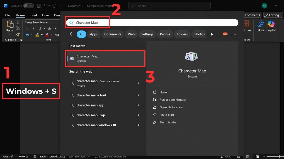 Cách chèn ký tự đặc biệt trong Word bằng character map bước 1