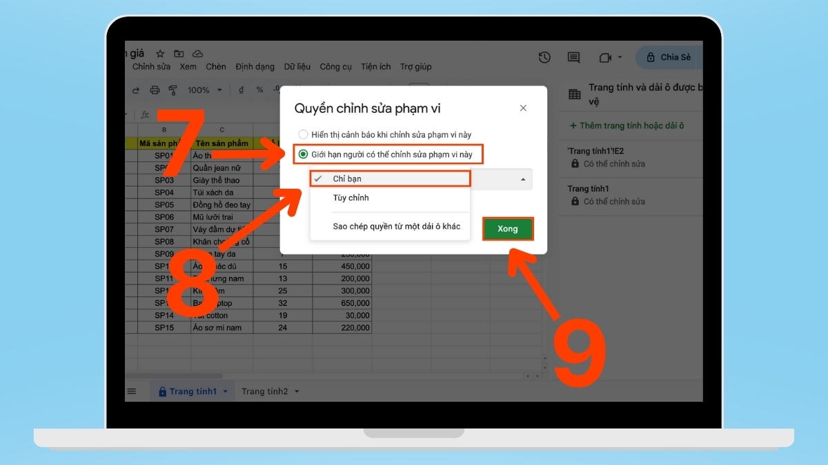 cách khóa sheet trong Google Sheet - khóa toàn bộ trang bước 4
