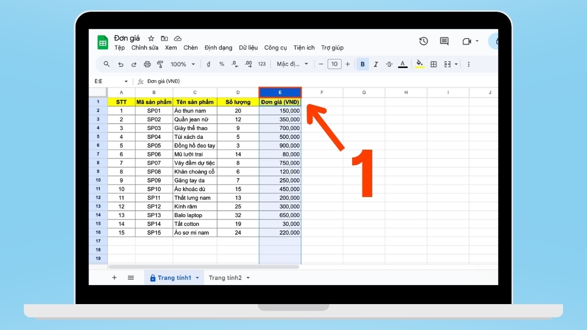 cách khóa sheet trong Google Sheet - khóa cột bước 1