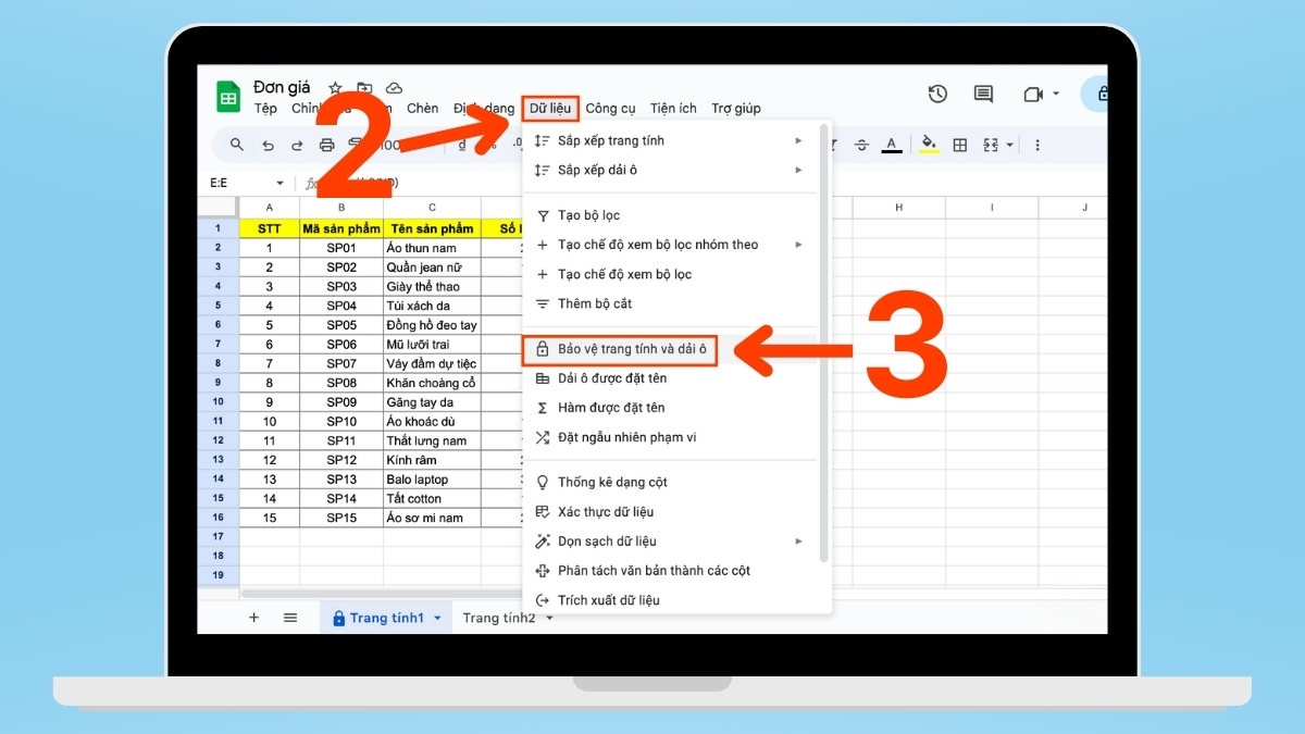 cách khóa sheet trong Google Sheet - khóa cột bước 2