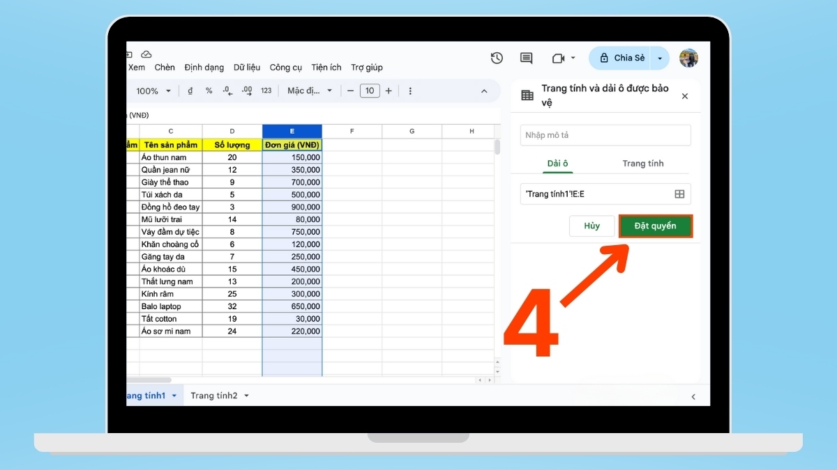 cách khóa sheet trong Google Sheet - khóa cột bước 3