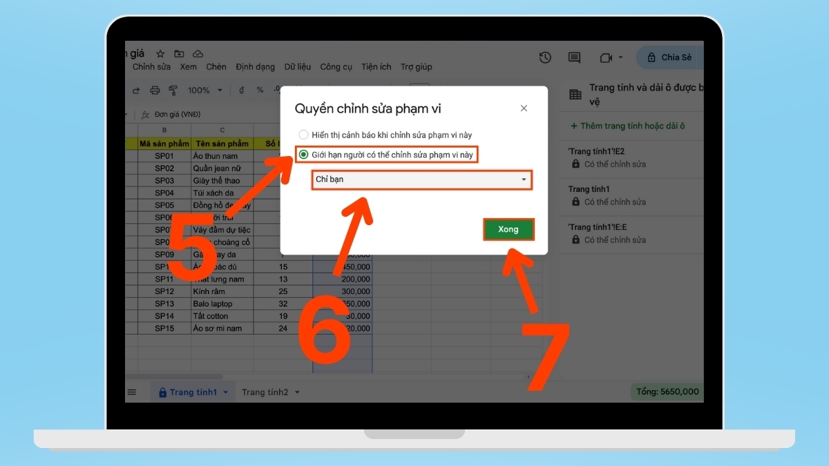 cách khóa sheet trong Google Sheet - khóa cột bước 4