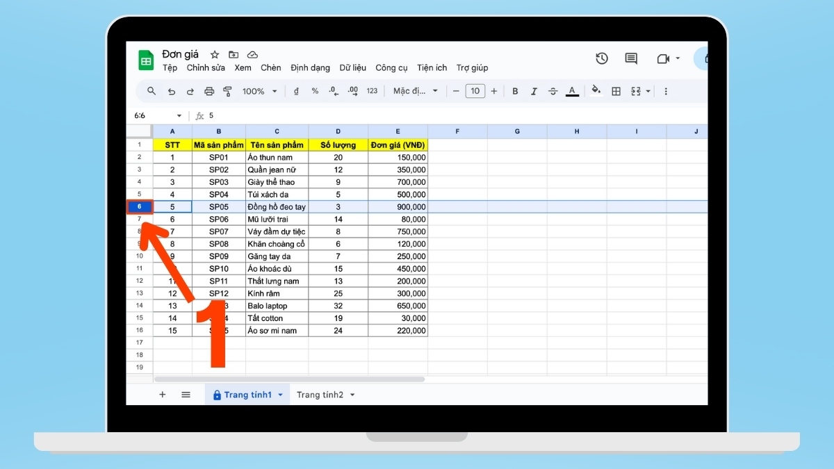 Cách khóa hàng trong Google Sheet bước 1