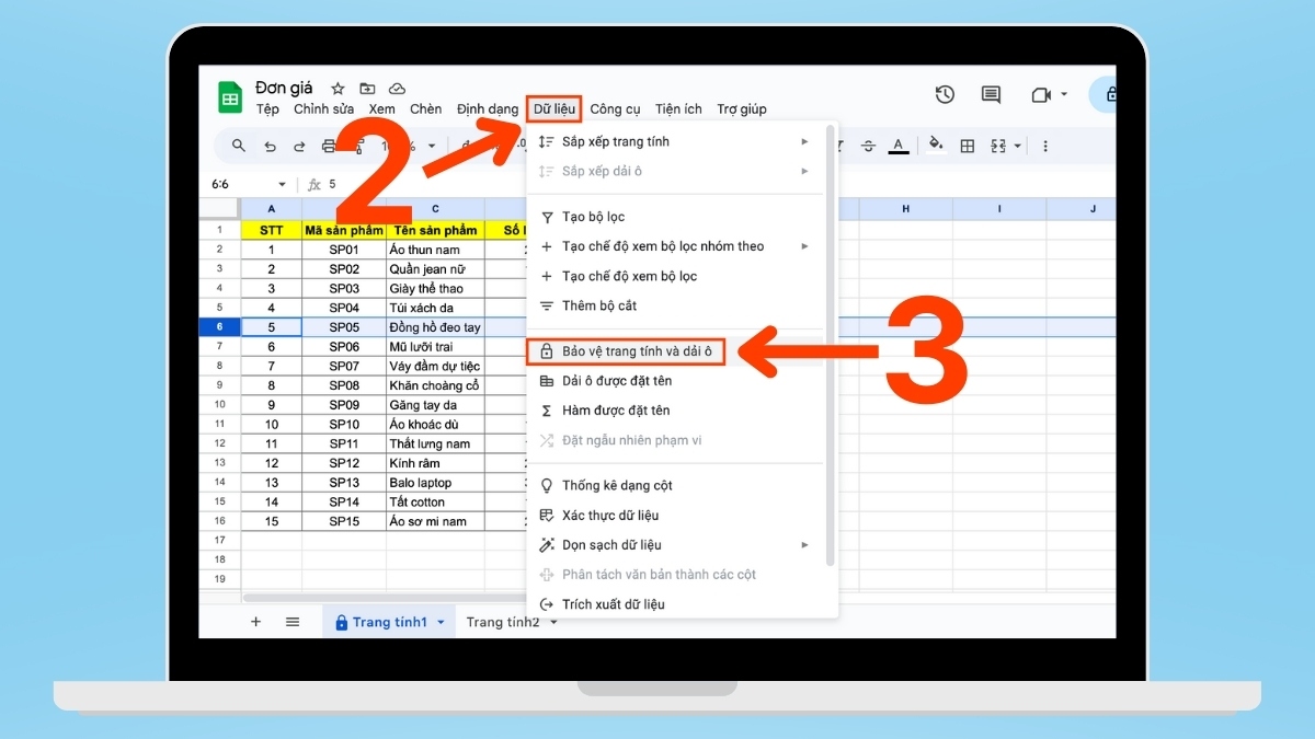 Cách khóa hàng trong Google Sheet bước 2