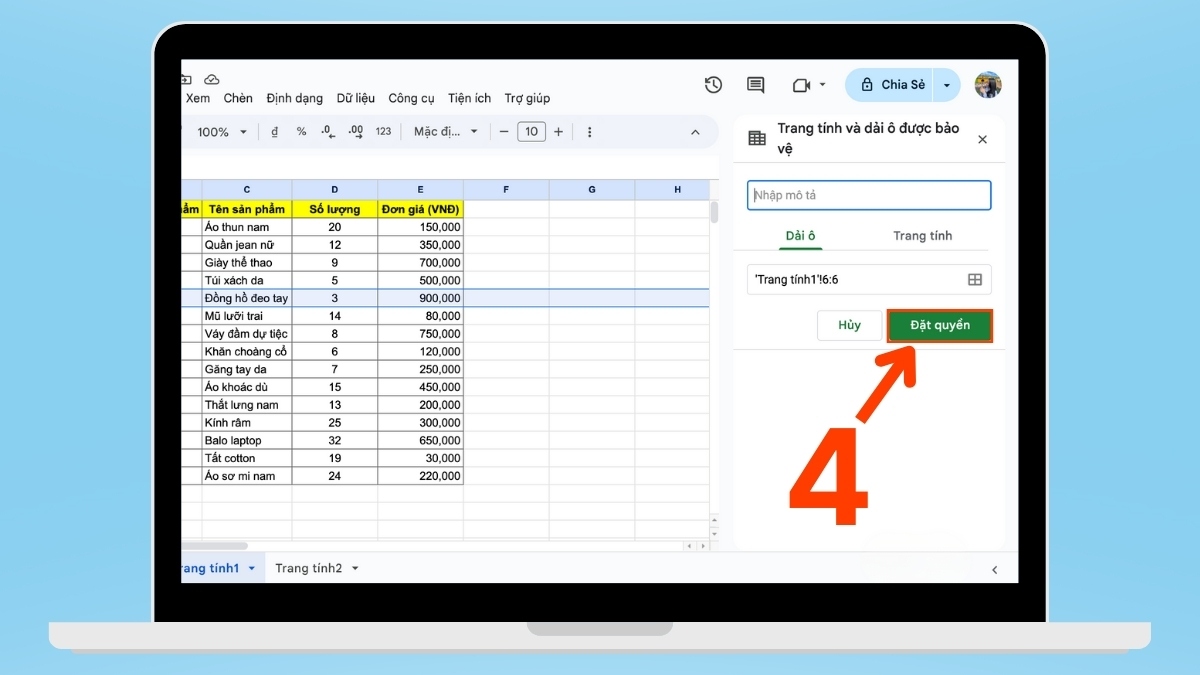 Cách khóa hàng trong Google Sheet bước 3