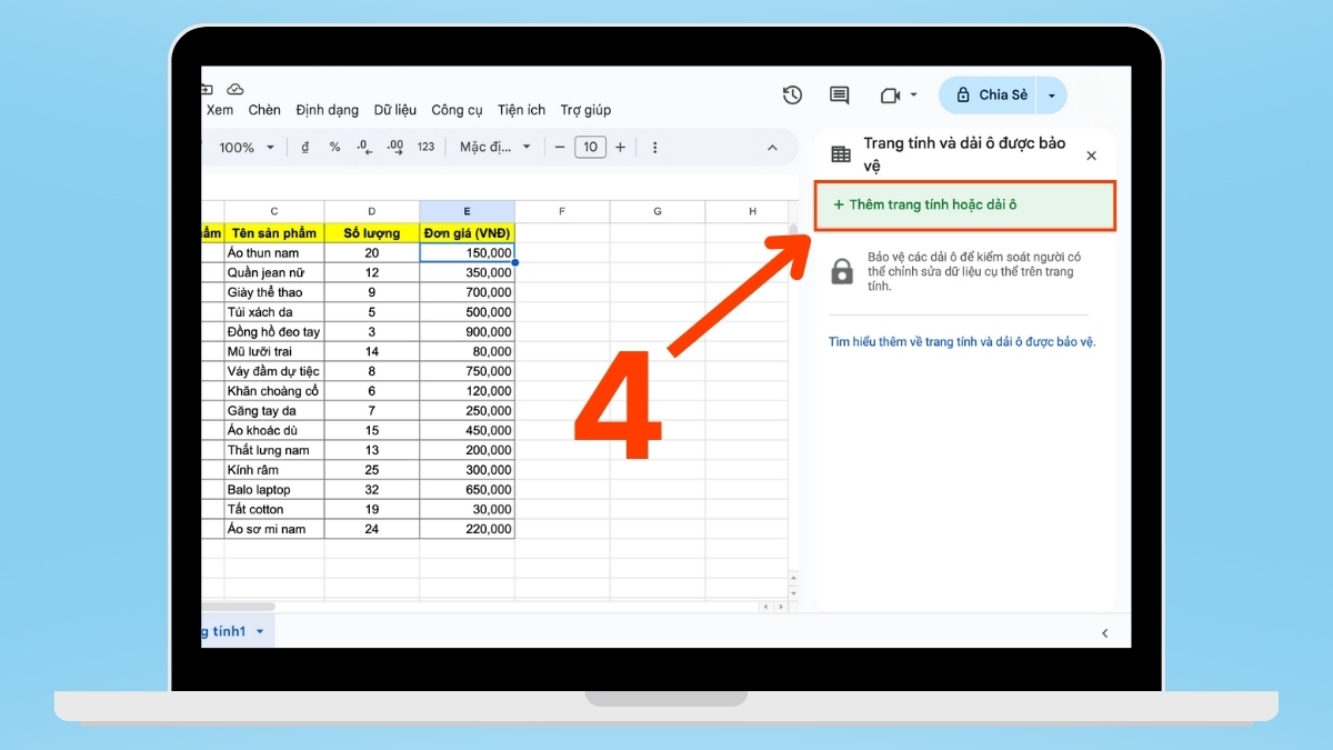 cách khóa sheet trong Google Sheet - khóa 1 ô bước 3