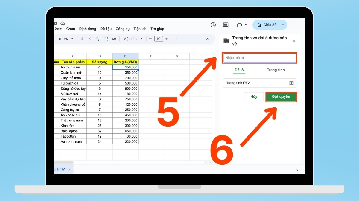 cách khóa sheet trong Google Sheet - khóa 1 ô bước 4