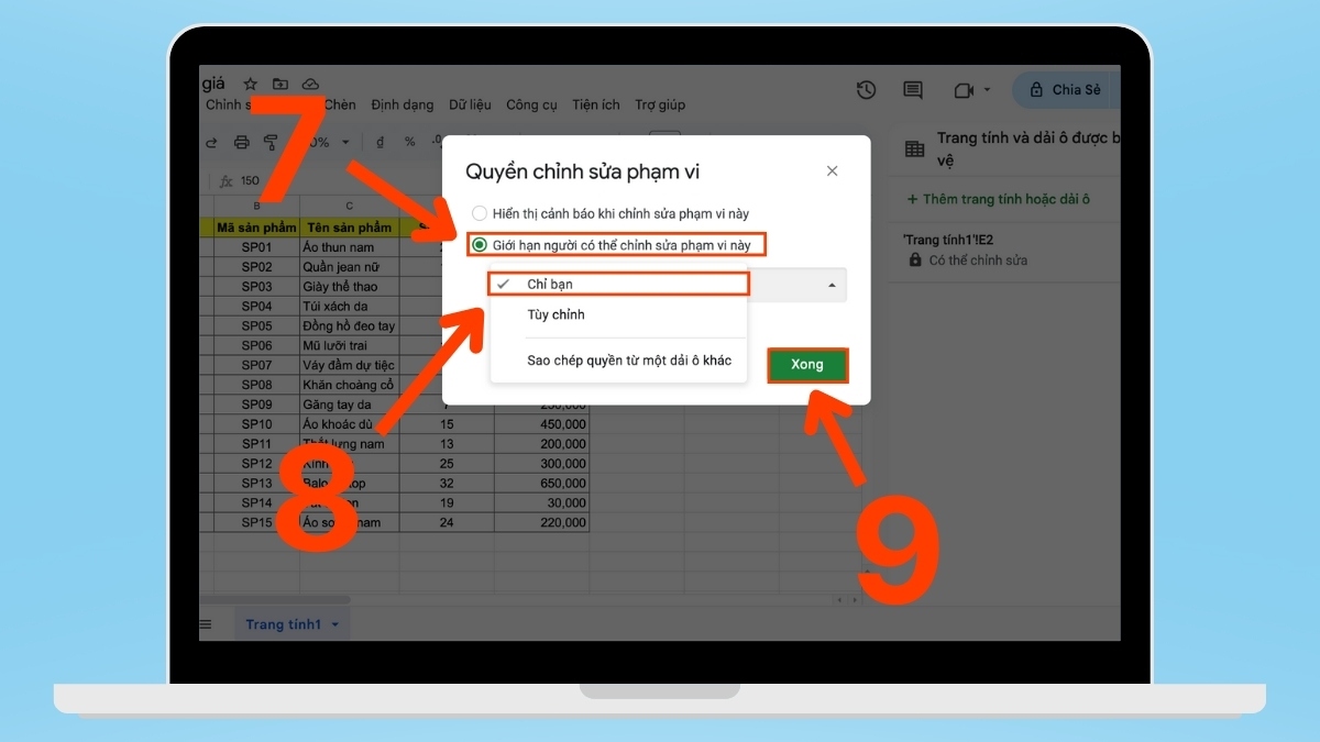 cách khóa sheet trong Google Sheet - khóa 1 ô bước 5