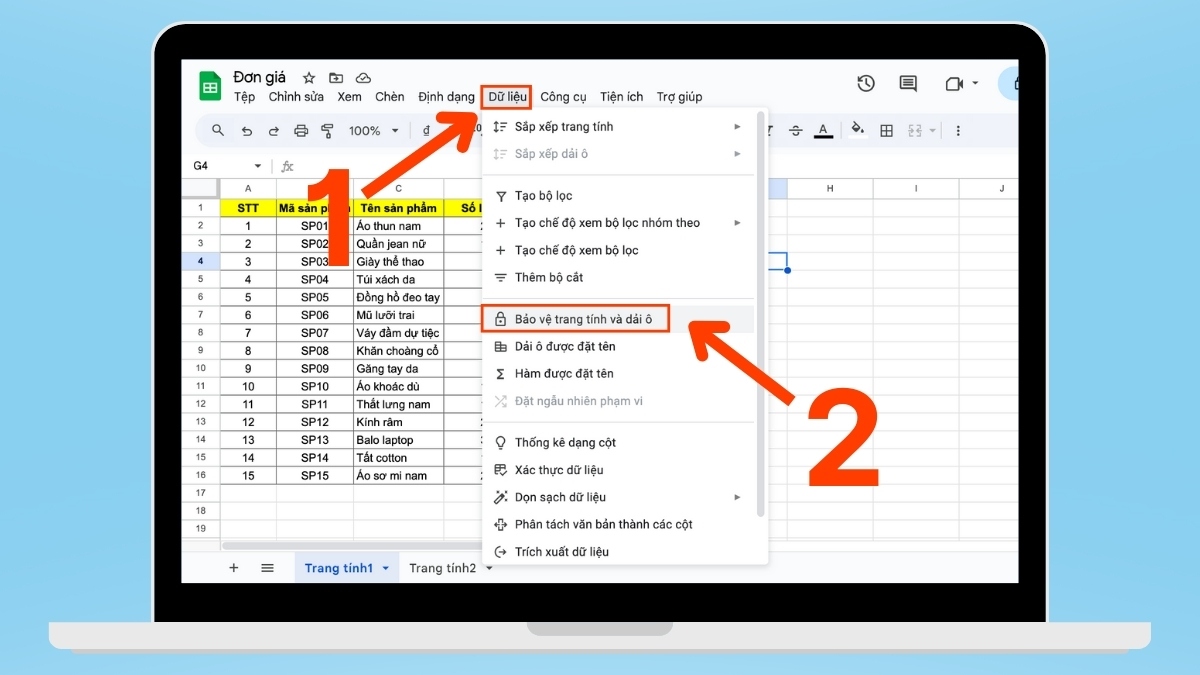 cách khóa sheet trong Google Sheet - khóa toàn bộ trang bước 1