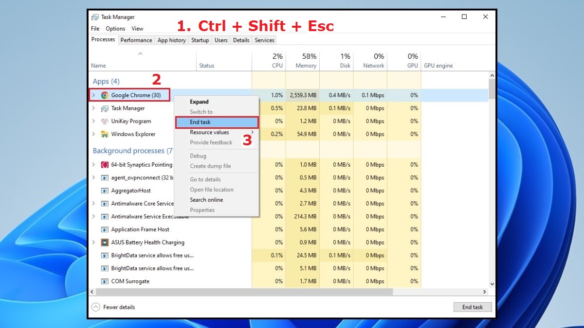 khắc phục lỗi không tắt được máy tính bằng kiểm tra xem còn ứng dụng nào chưa được tắt