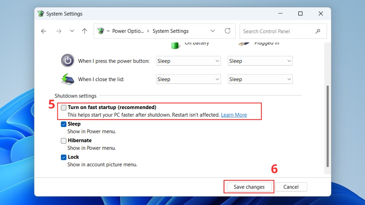 khắc phục lỗi không tắt được máy tính bằng hủy fast bootup bước 3