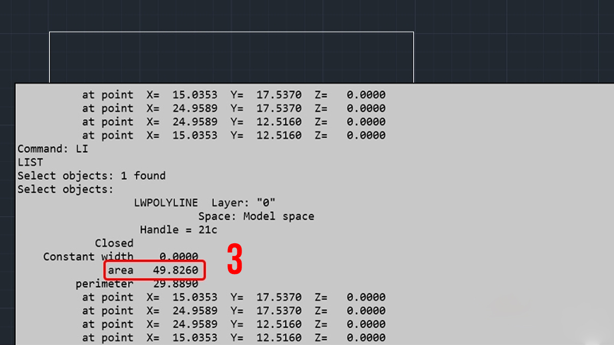 cách dùng lệnh đo diện tích trong CAD bằng LIST(LI) - bước 3