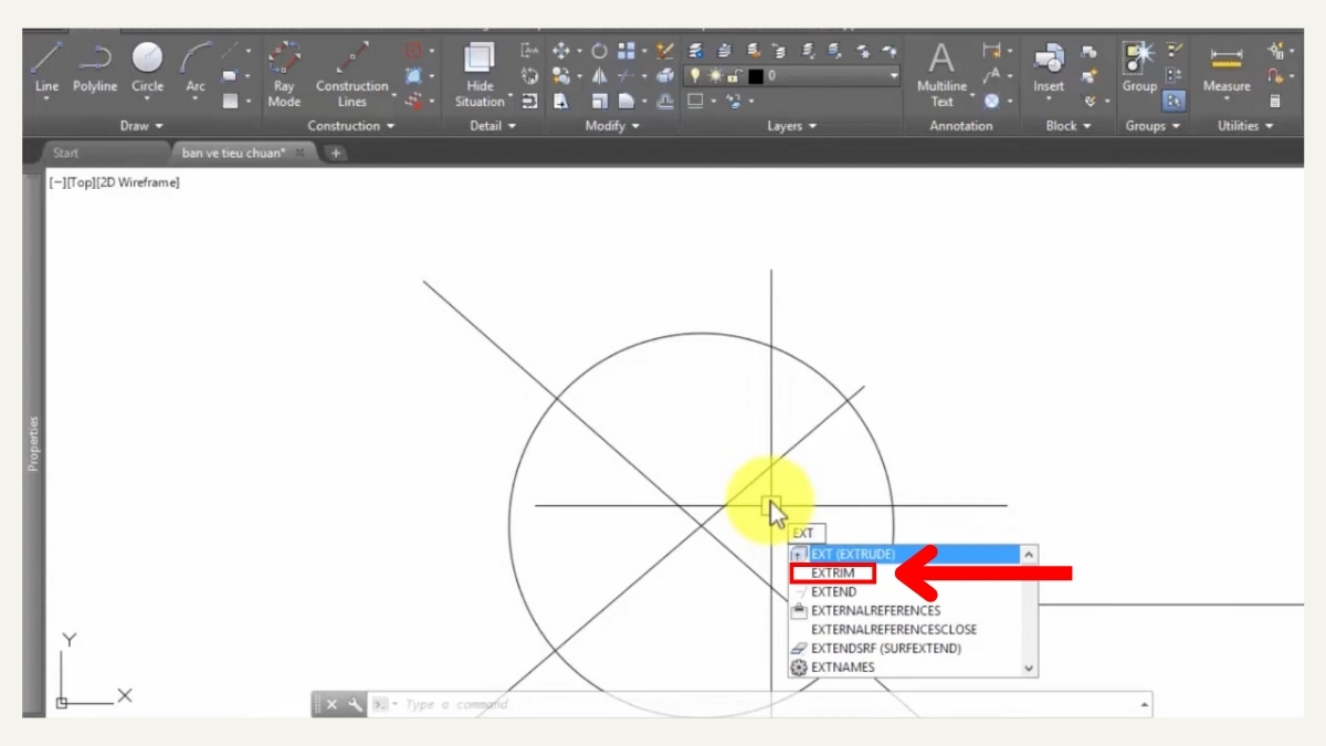 Cách sử dụng lệnh Extrim trong CAD để cắt đối tượng - bước 1