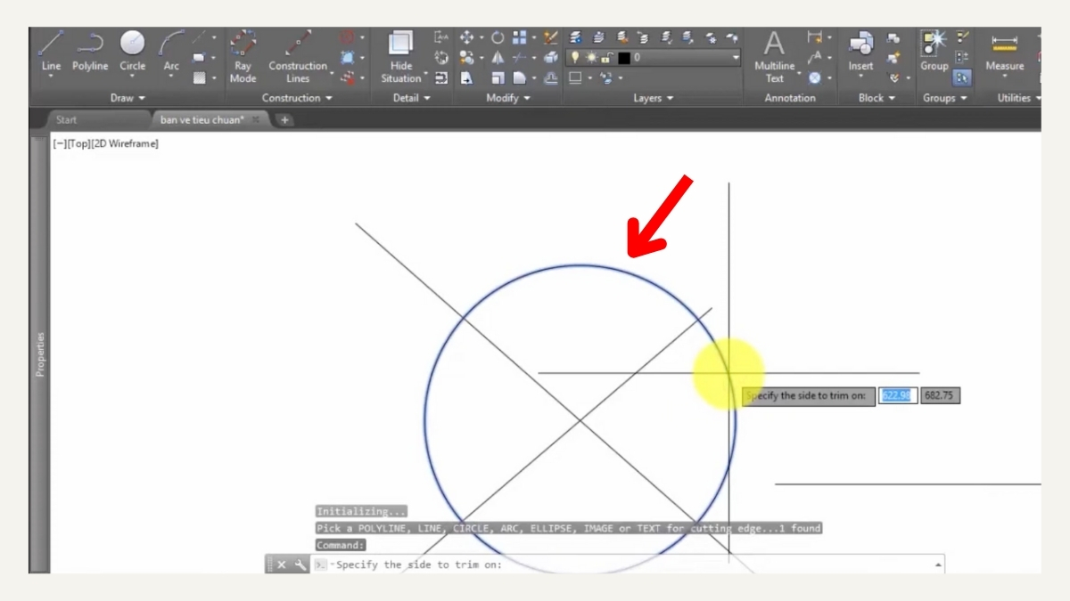 Cách sử dụng lệnh Extrim trong CAD để cắt đối tượng - bước 2