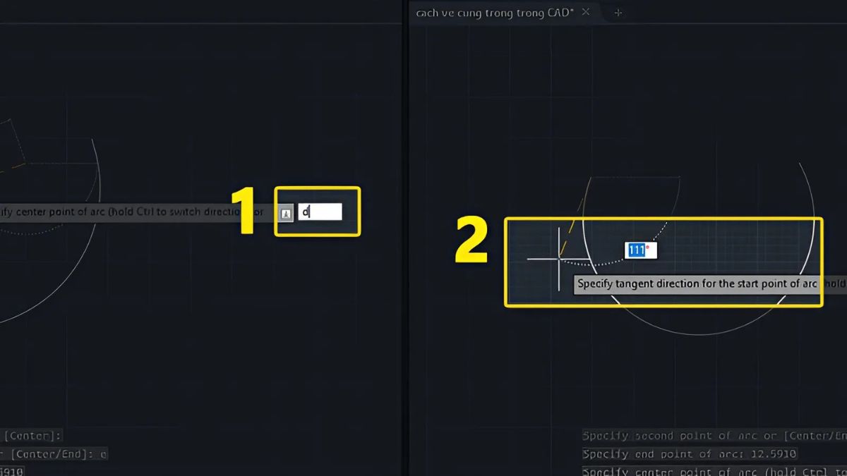 lệnh vẽ cung tròn qua 2 điểm trong cad qua điểm đầu, cuối và direction - bước 3