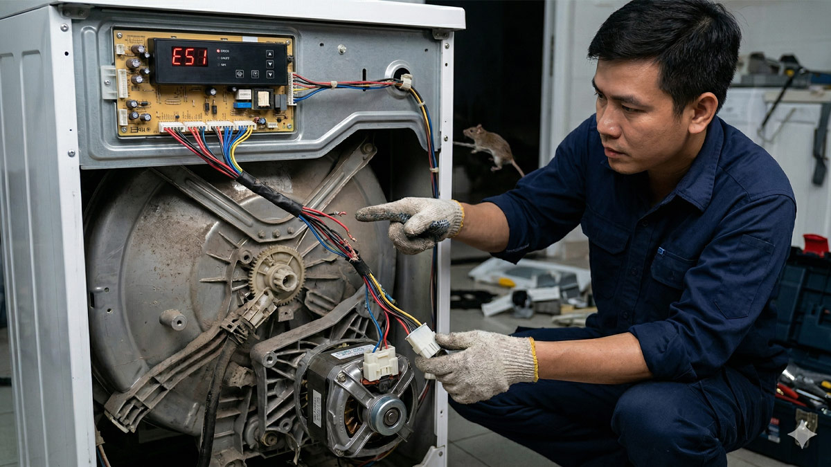 Nguyên nhân gây lỗi E51 máy giặt Electrolux - dây kết nối motor bị đứt