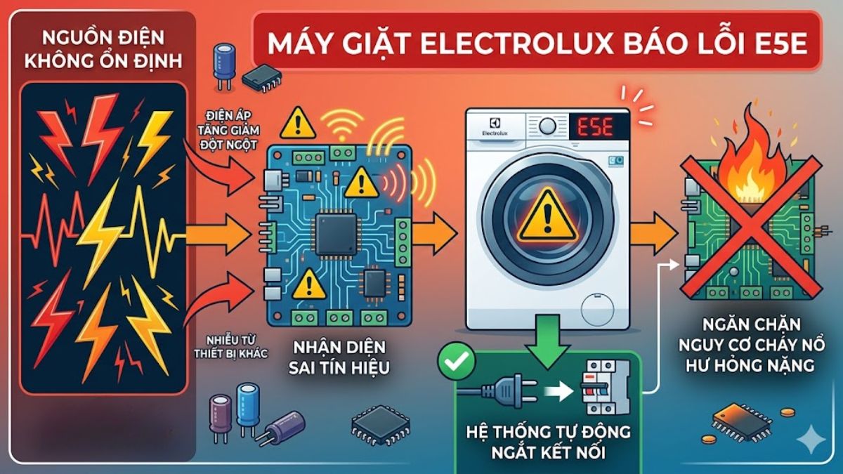 Nguyên nhân gây lỗi E5E máy giặt Electrolux - nguồn điện không ổn định