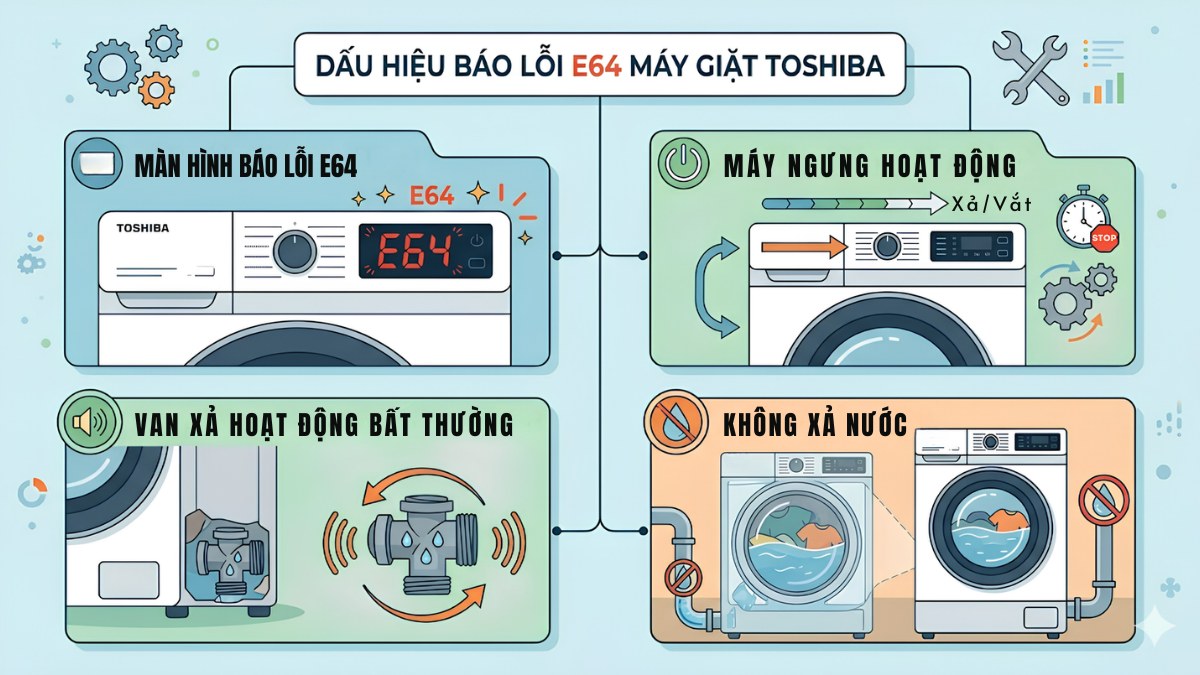 Dấu hiệu báo lỗi E64 máy giặt Toshiba
